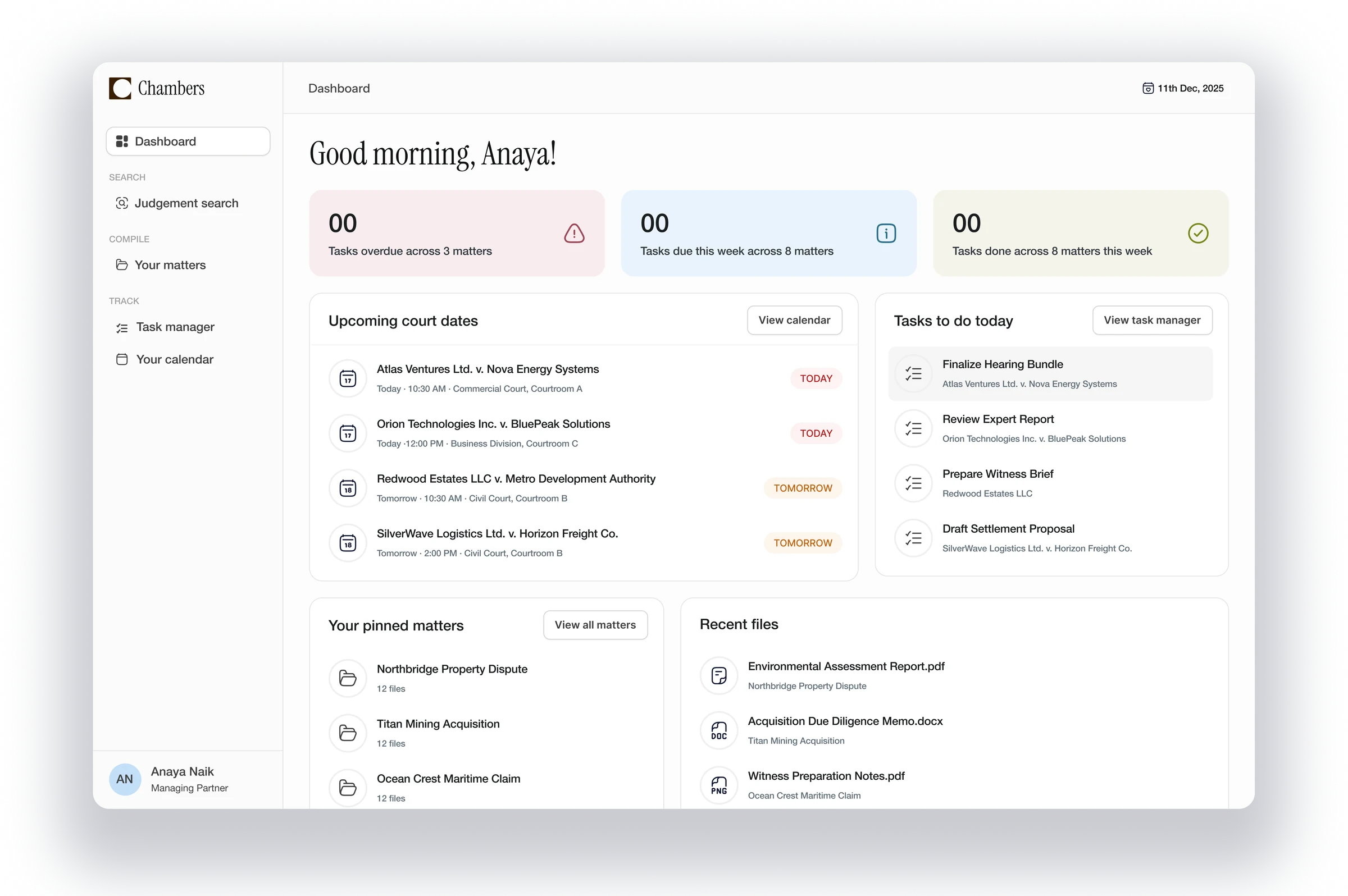 Chambers dashboard showing upcoming court dates, tasks, pinned matters, and recent files