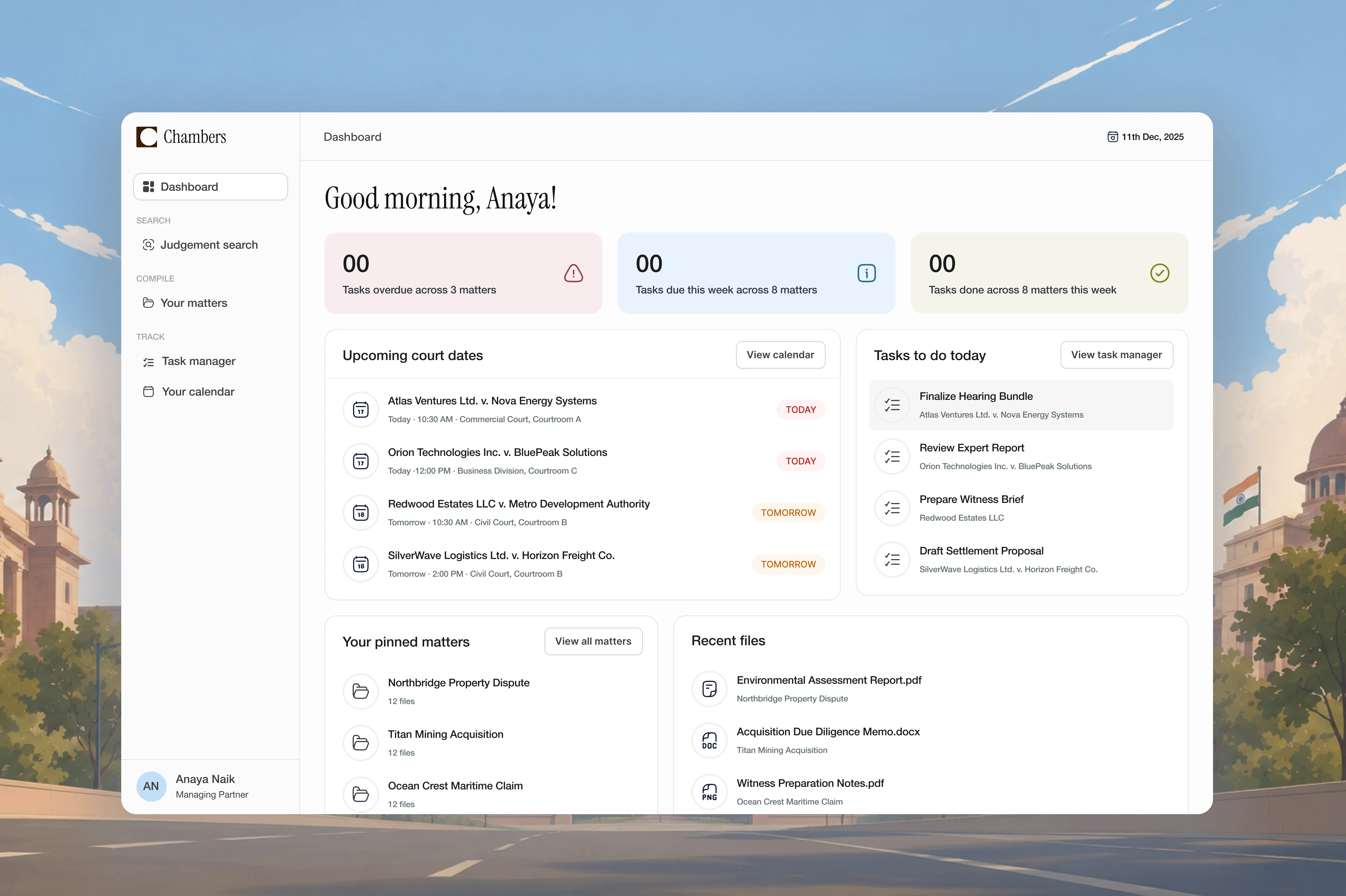 Chambers dashboard showing upcoming court dates, tasks, pinned matters, and recent files