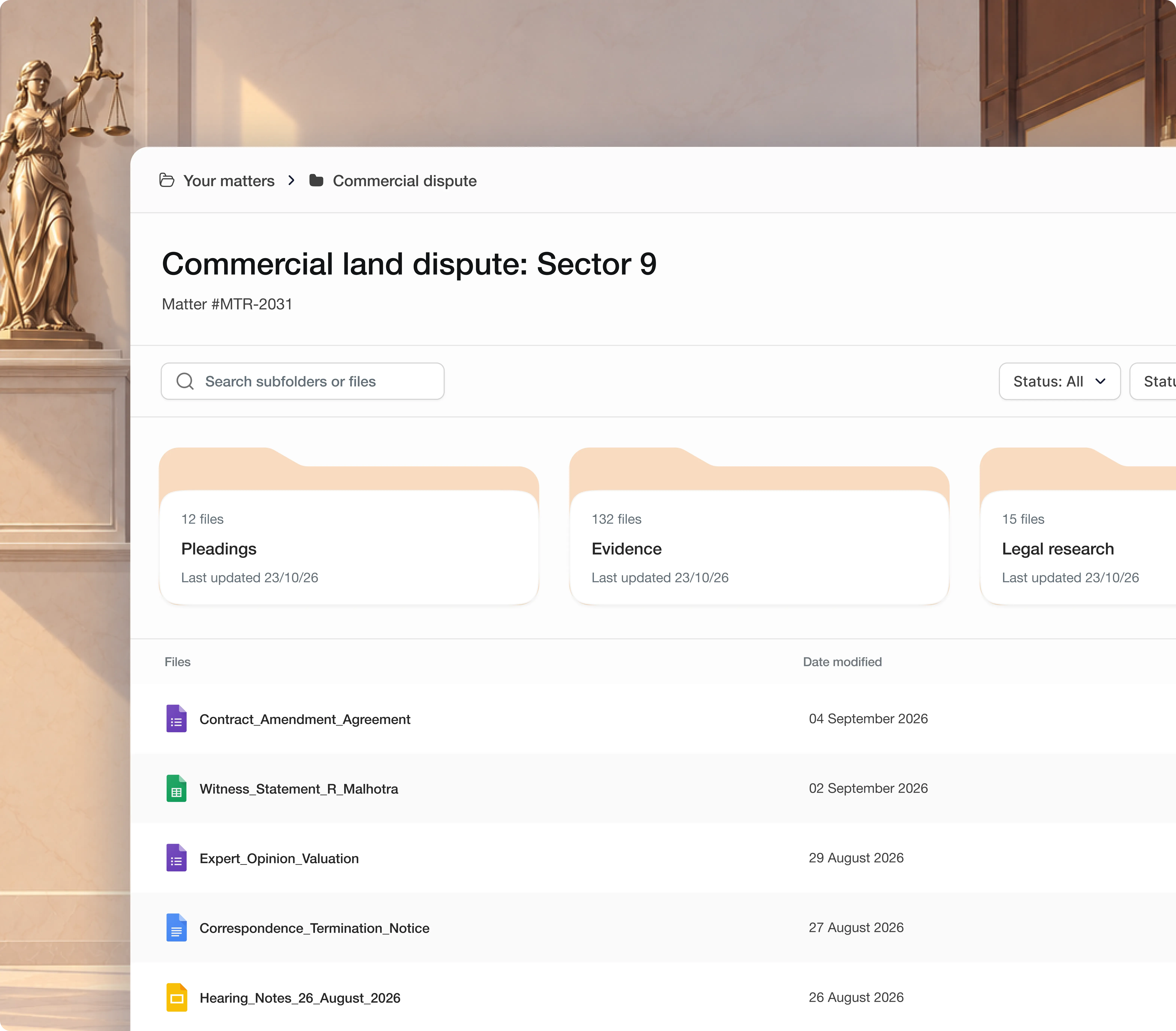 Chambers matter folders and document management interface