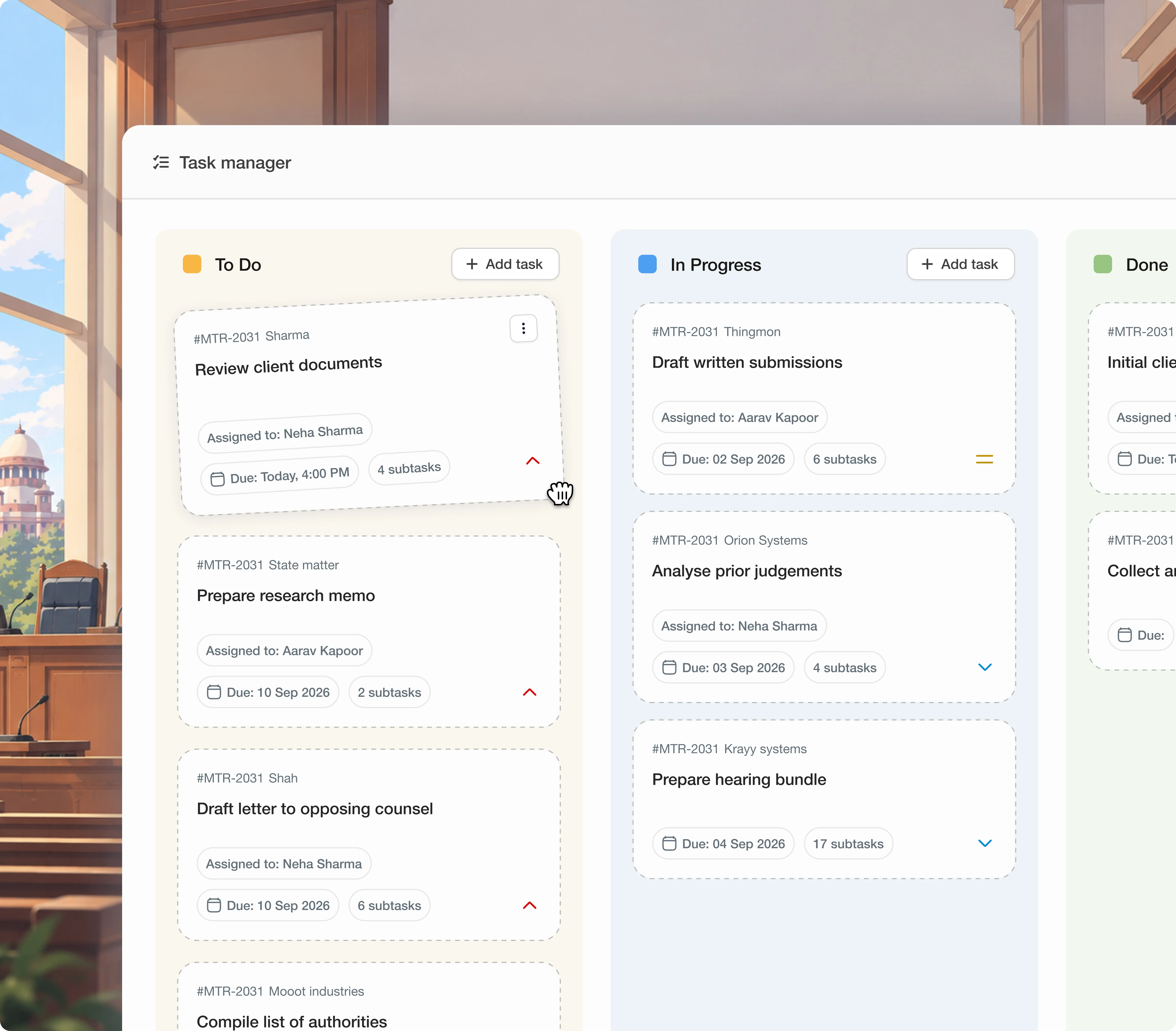 Chambers task manager with tracked legal tasks